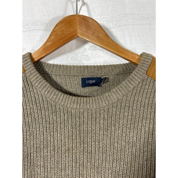 J Crew Sweater Lrg Tan Cotton Ribbed Faux Suede Shoulder Patch Woodsman Comando - Picture 5 of 10